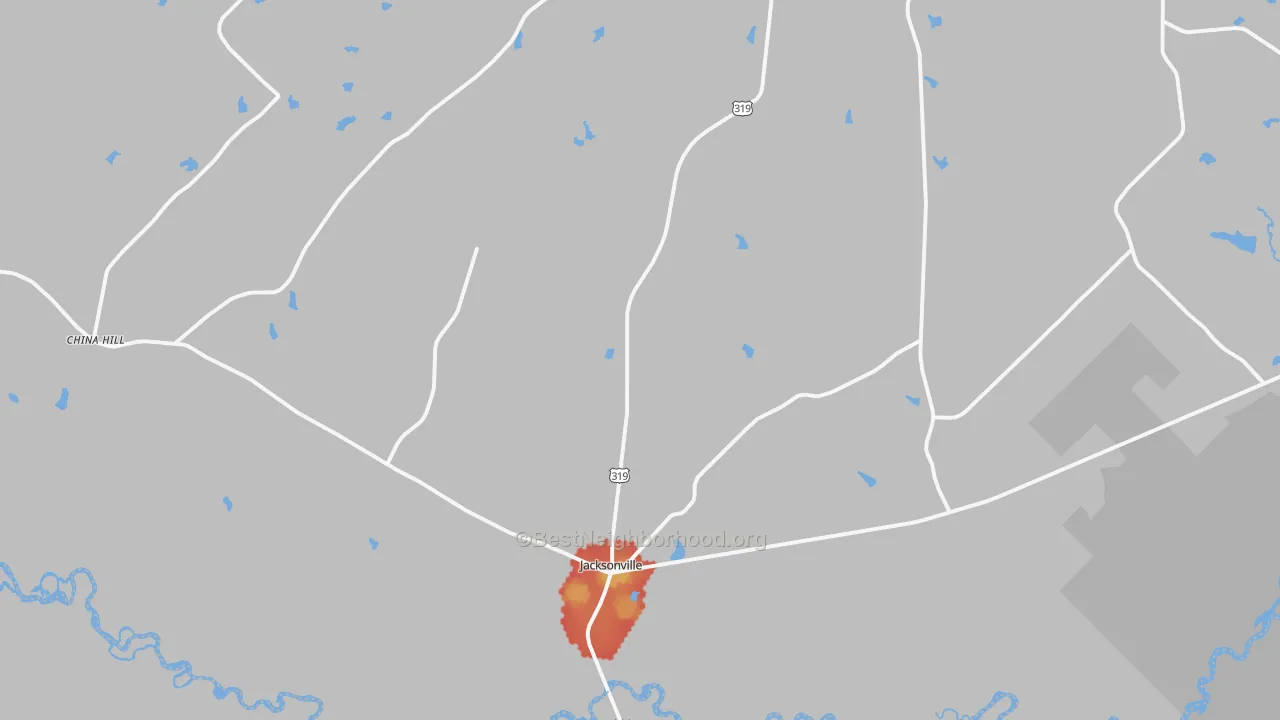 Walk Grade map of 31544, GA, walkable areas in green and car-dependent areas in red
