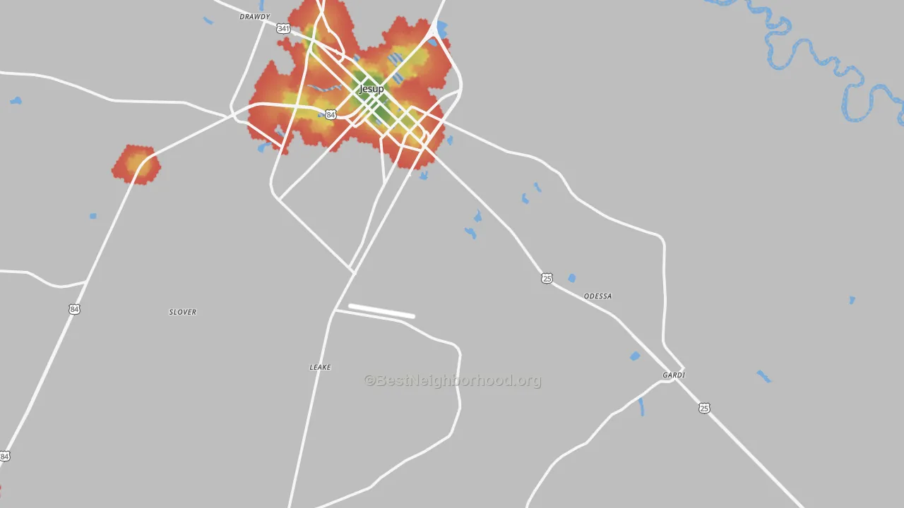 Walk Grade map of 31546, GA, walkable areas in green and car-dependent areas in red
