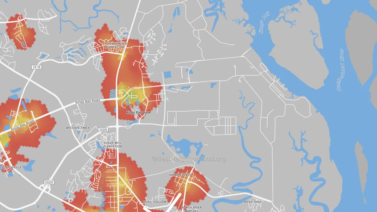 Walk Grade map of 31547, GA, walkable areas in green and car-dependent areas in red