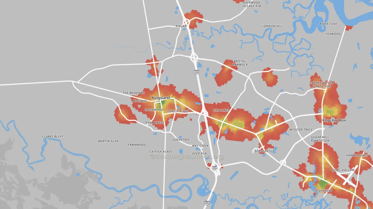 Walk Grade map of 31548, GA, walkable areas in green and car-dependent areas in red