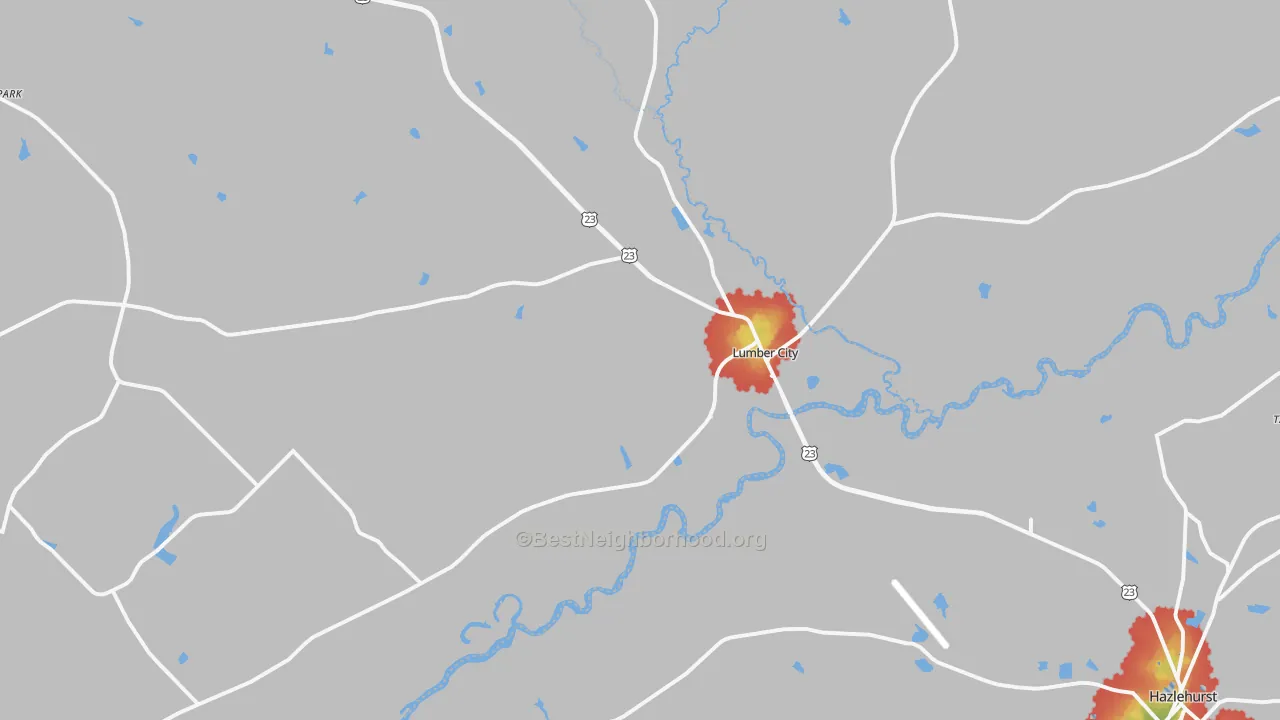 Walk Grade map of 31549, GA, walkable areas in green and car-dependent areas in red