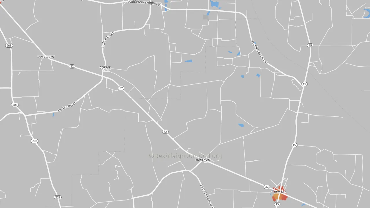 Walk Grade map of 31551, GA, walkable areas in green and car-dependent areas in red