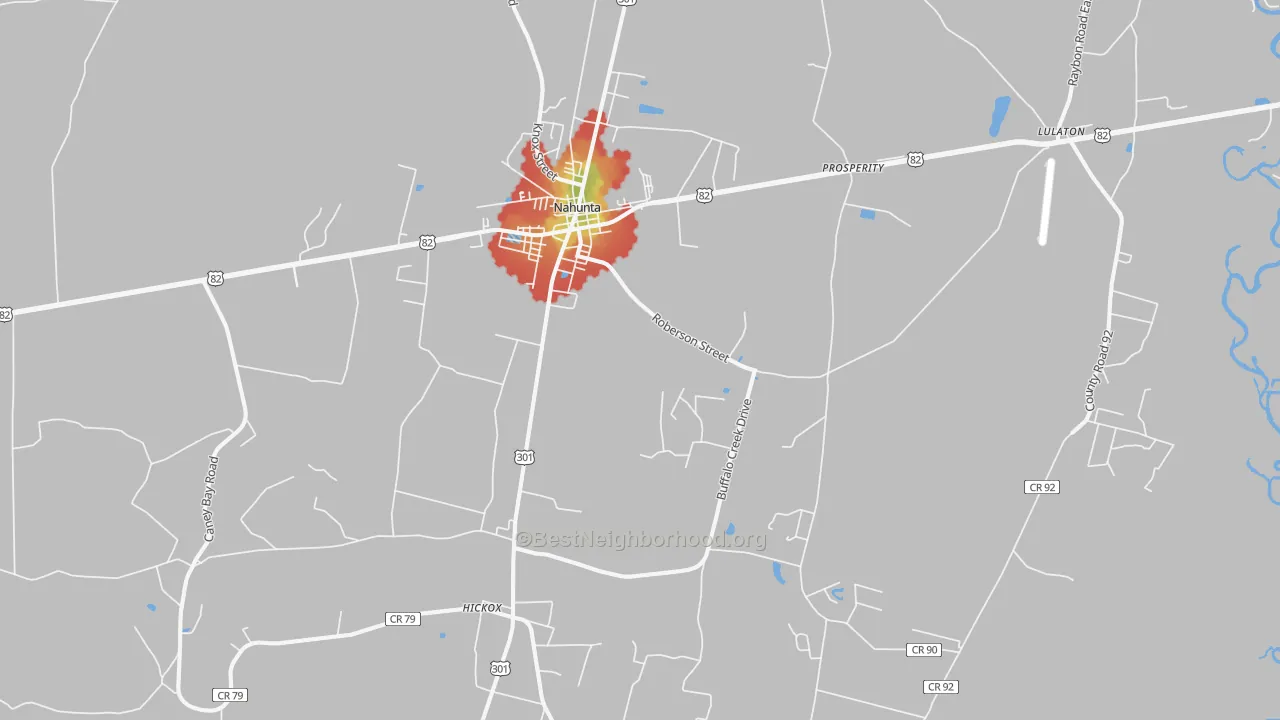 Walk Grade map of 31553, GA, walkable areas in green and car-dependent areas in red