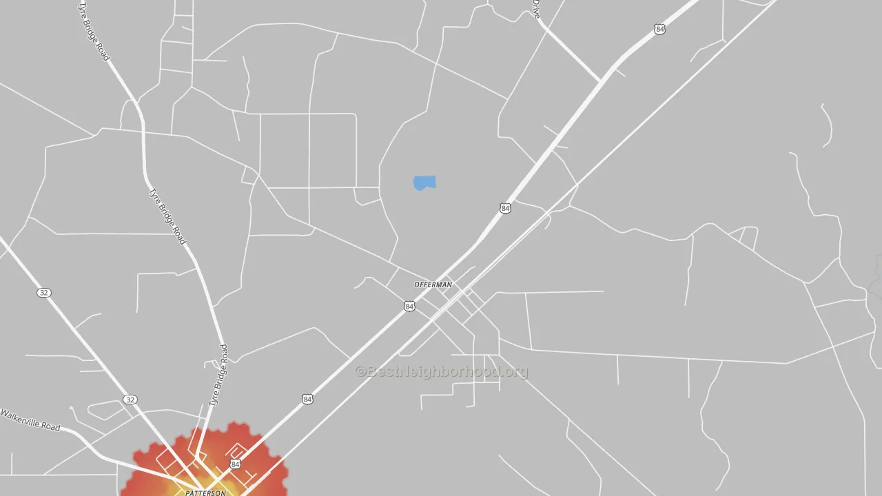 Walk Grade map of 31556, GA, walkable areas in green and car-dependent areas in red