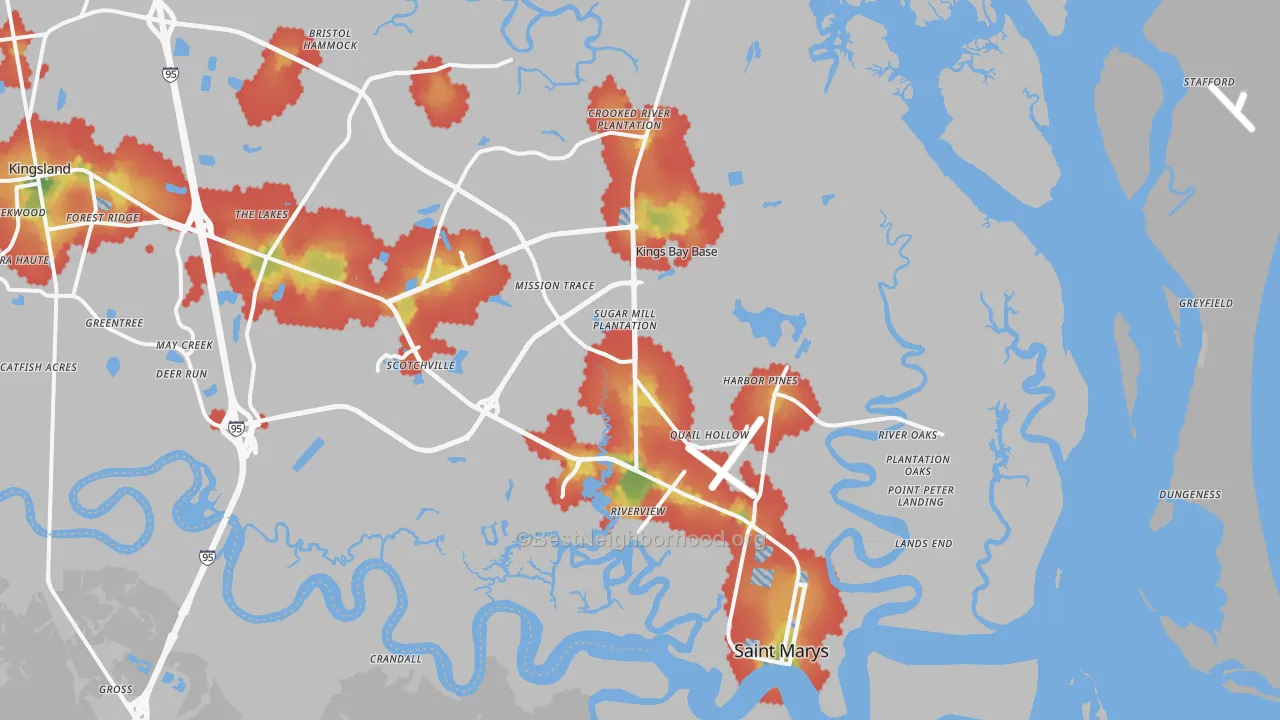 Walk Grade map of 31558, GA, walkable areas in green and car-dependent areas in red