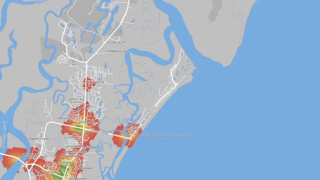 Walk Grade map of 31561, GA, walkable areas in green and car-dependent areas in red