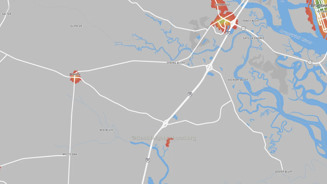 Walk Grade map of 31565, GA, walkable areas in green and car-dependent areas in red