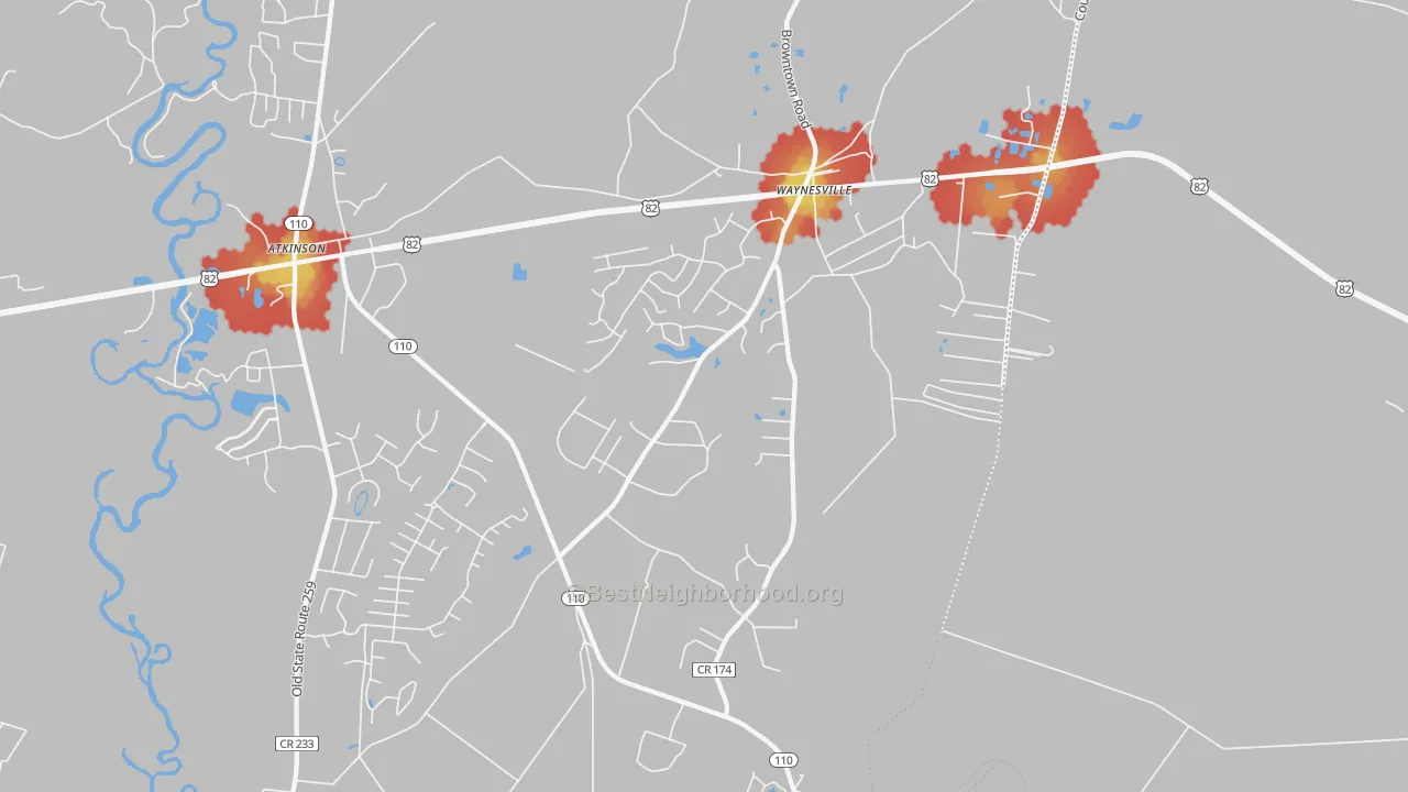 Walk Grade map of 31566, GA, walkable areas in green and car-dependent areas in red