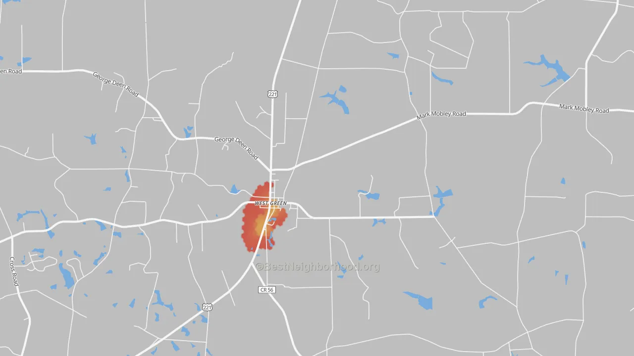 Walk Grade map of 31567, GA, walkable areas in green and car-dependent areas in red