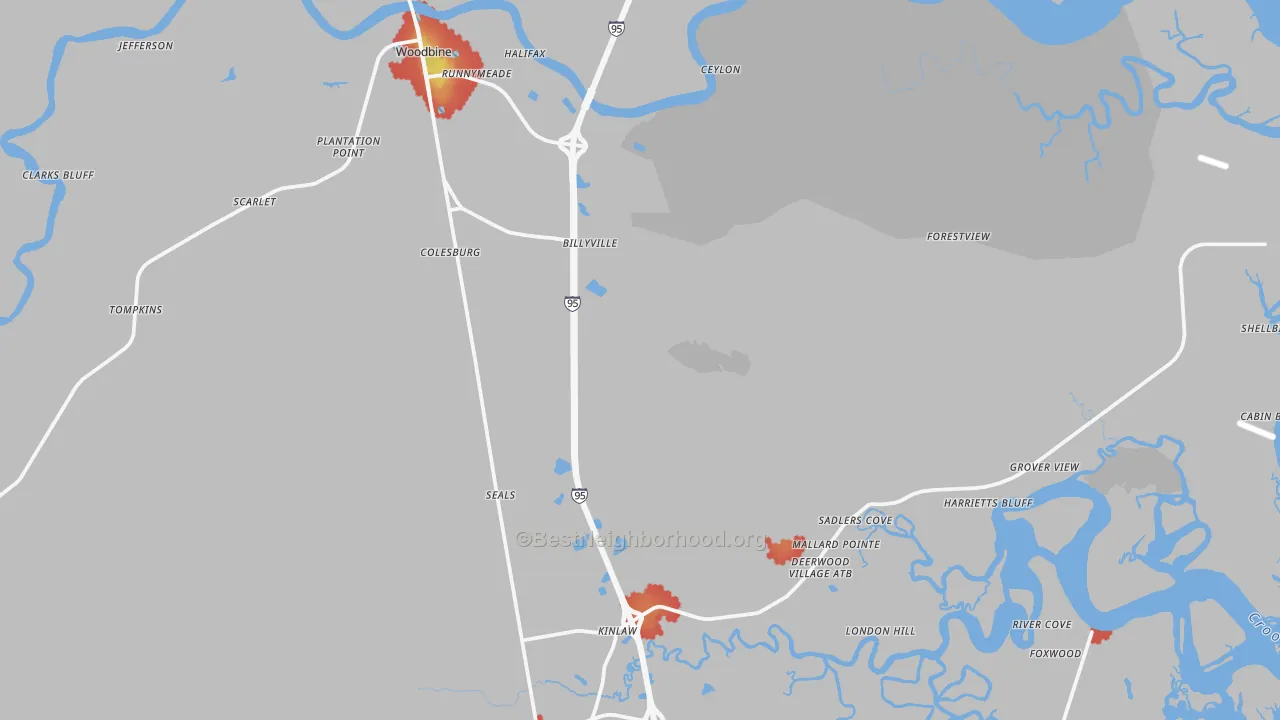 Walk Grade map of 31569, GA, walkable areas in green and car-dependent areas in red