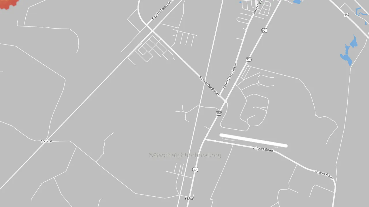 Walk Grade map of 31599, GA, walkable areas in green and car-dependent areas in red