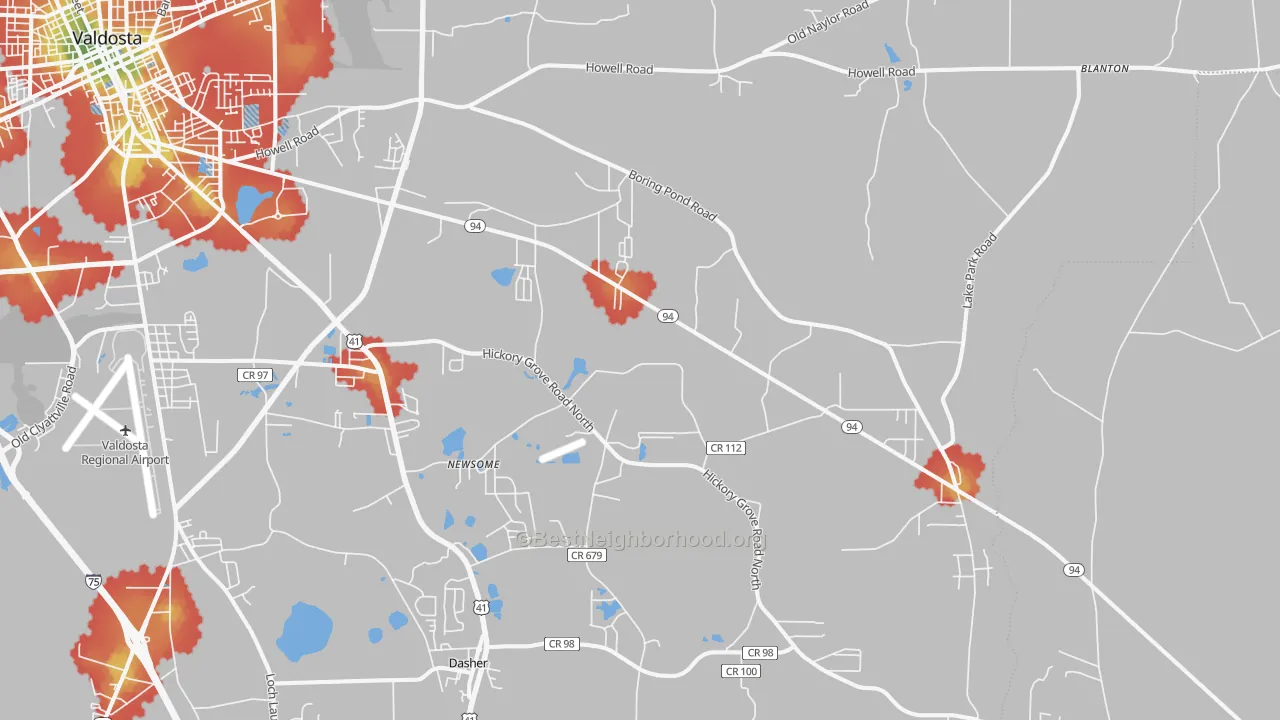 Walk Grade map of 31606, GA, walkable areas in green and car-dependent areas in red