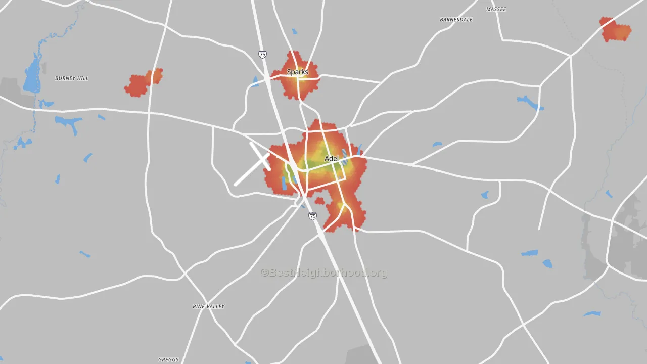 Walk Grade map of 31620, GA, walkable areas in green and car-dependent areas in red