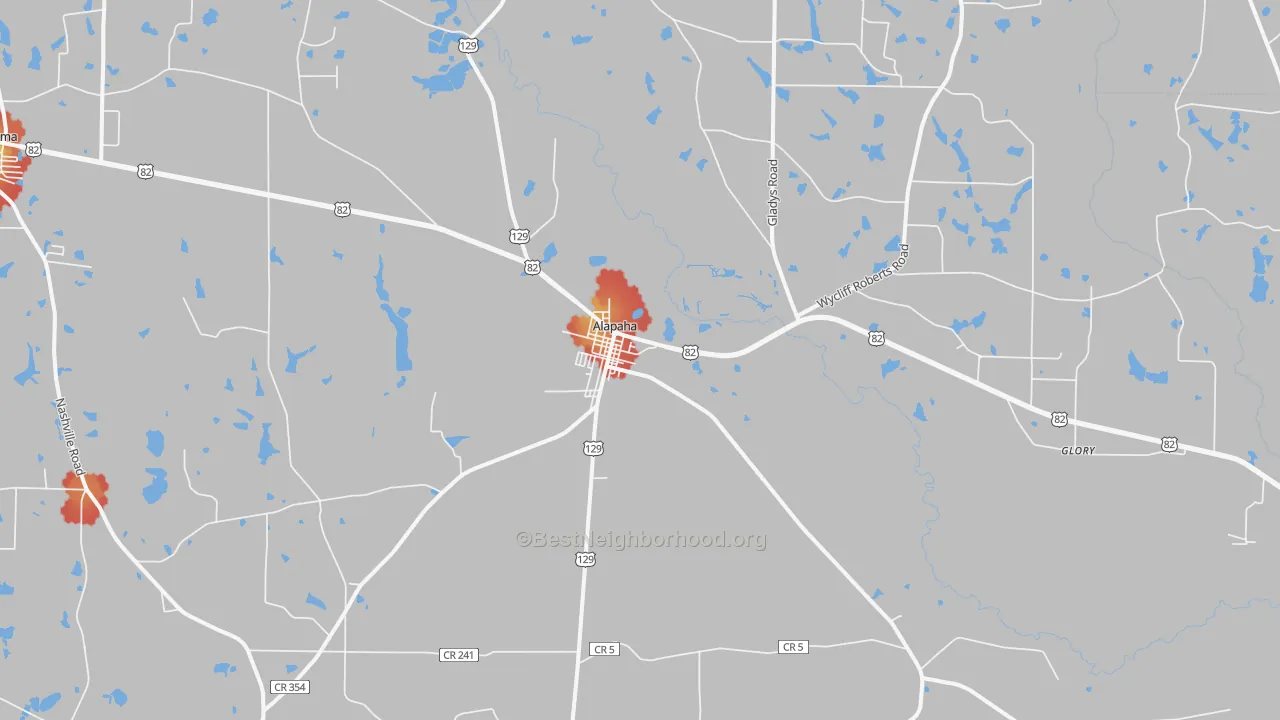 Walk Grade map of 31622, GA, walkable areas in green and car-dependent areas in red