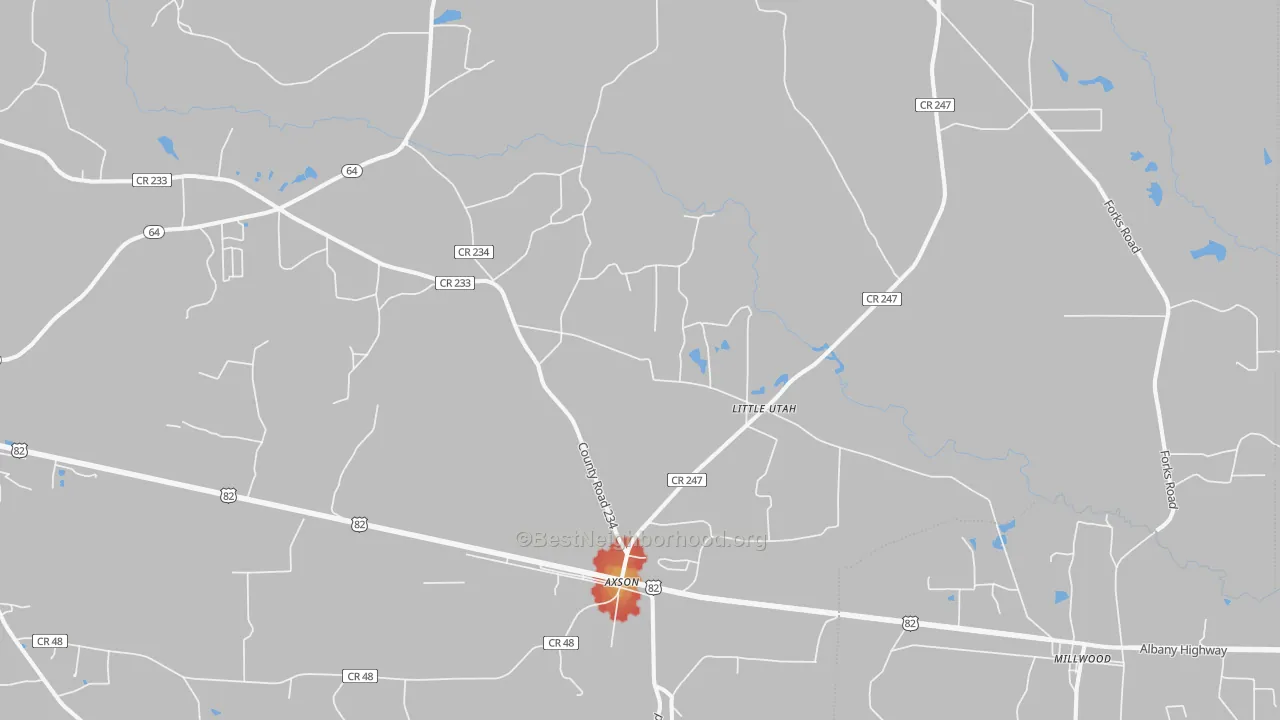 Walk Grade map of 31624, GA, walkable areas in green and car-dependent areas in red