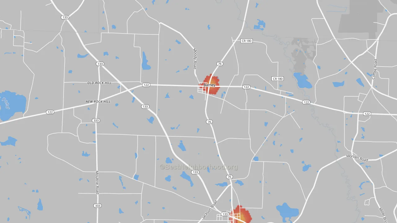 Walk Grade map of 31625, GA, walkable areas in green and car-dependent areas in red