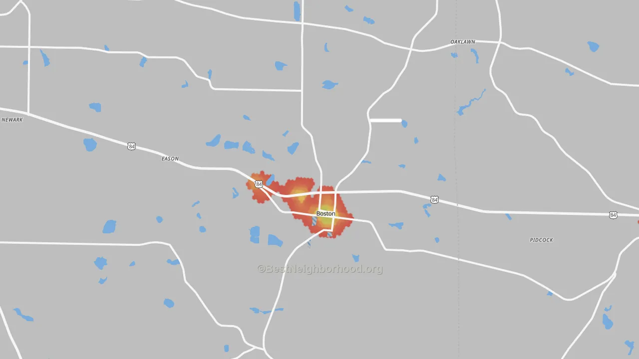 Walk Grade map of 31626, GA, walkable areas in green and car-dependent areas in red