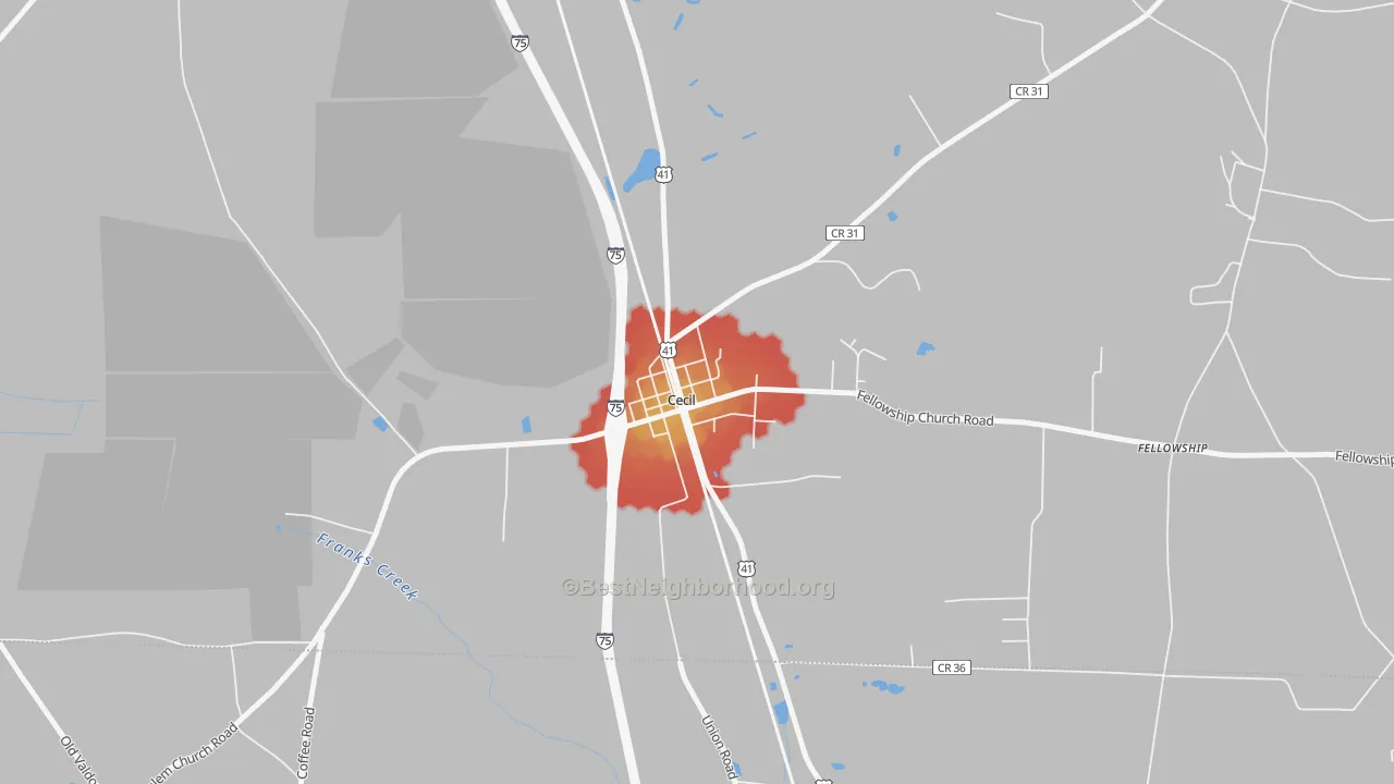 Walk Grade map of 31627, GA, walkable areas in green and car-dependent areas in red