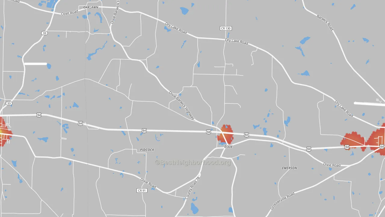 Walk Grade map of 31629, GA, walkable areas in green and car-dependent areas in red