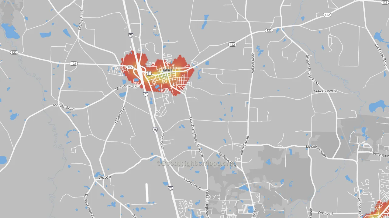 Walk Grade map of 31632, GA, walkable areas in green and car-dependent areas in red