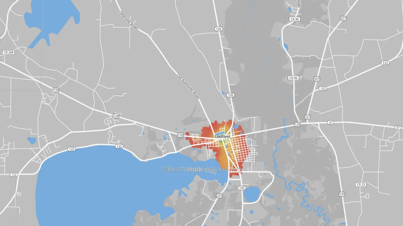 Walk Grade map of 31635, GA, walkable areas in green and car-dependent areas in red