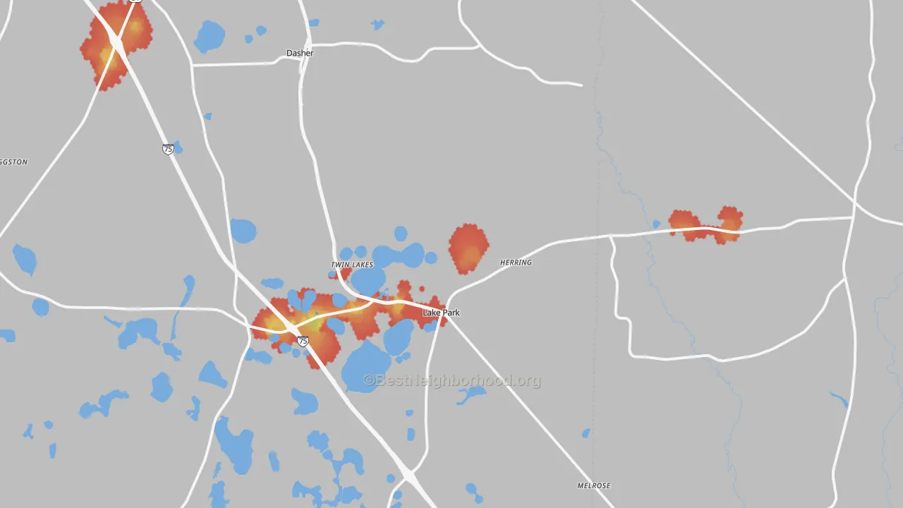 Walk Grade map of 31636, GA, walkable areas in green and car-dependent areas in red