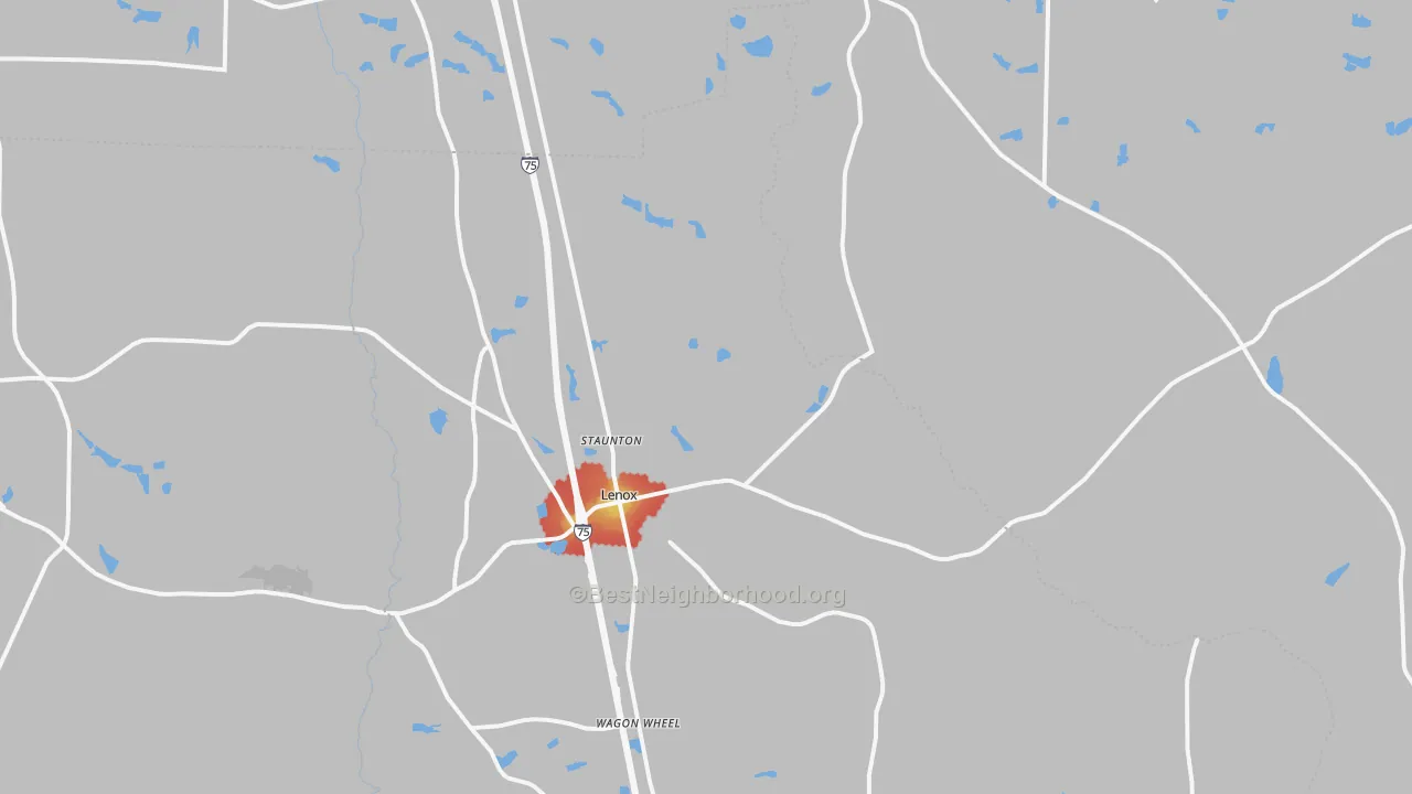 Walk Grade map of 31637, GA, walkable areas in green and car-dependent areas in red