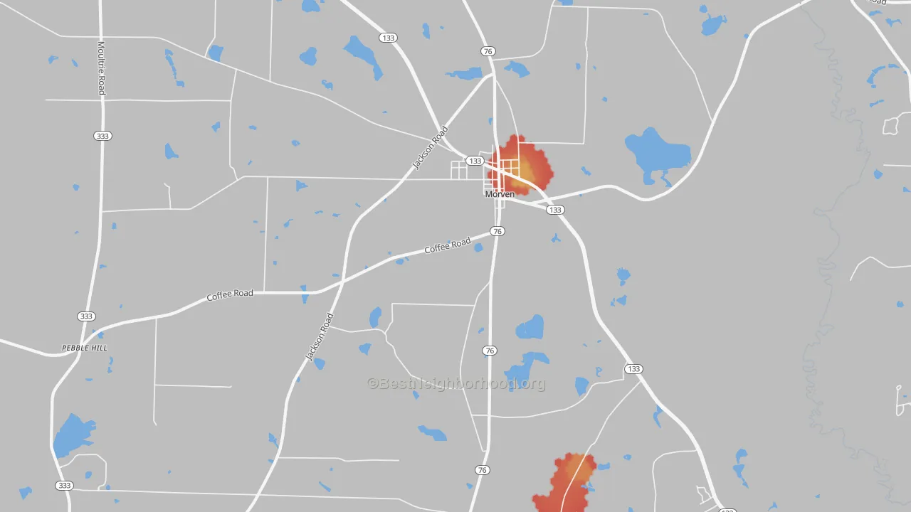 Walk Grade map of 31638, GA, walkable areas in green and car-dependent areas in red