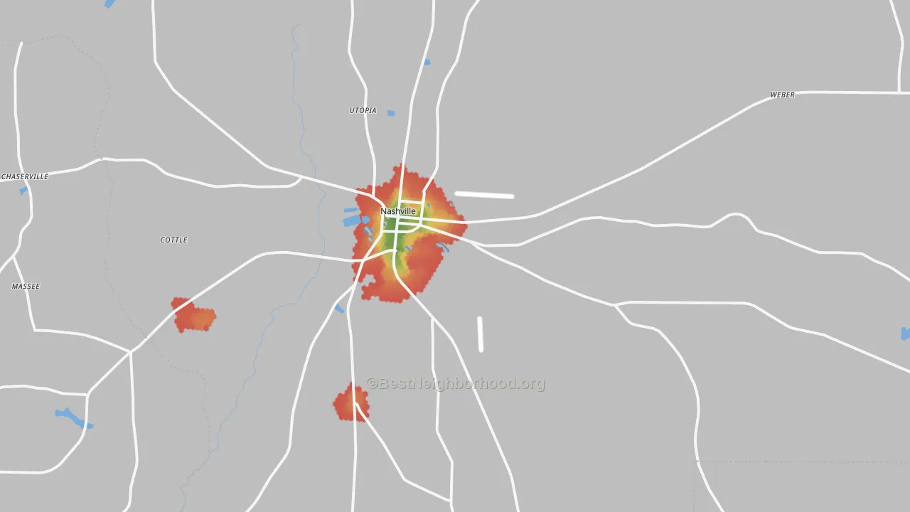 Walk Grade map of 31639, GA, walkable areas in green and car-dependent areas in red