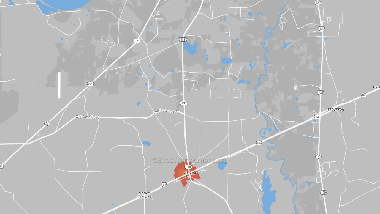 Walk Grade map of 31641, GA, walkable areas in green and car-dependent areas in red