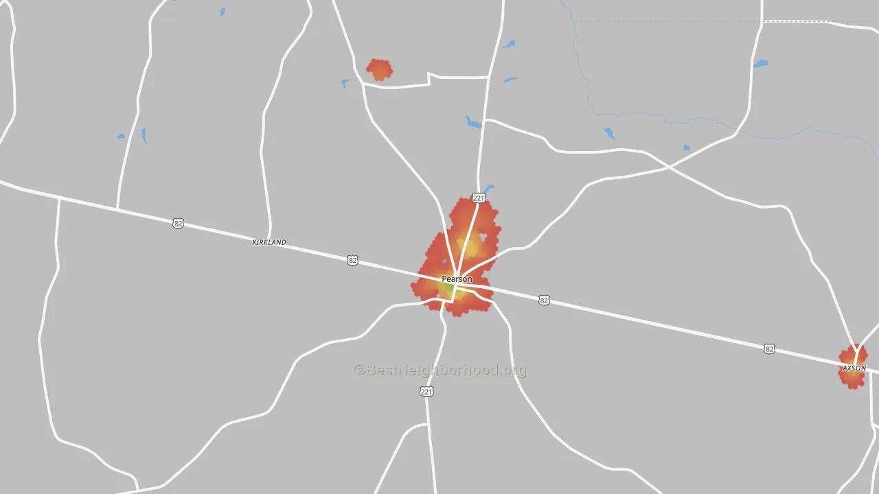 Walk Grade map of 31642, GA, walkable areas in green and car-dependent areas in red