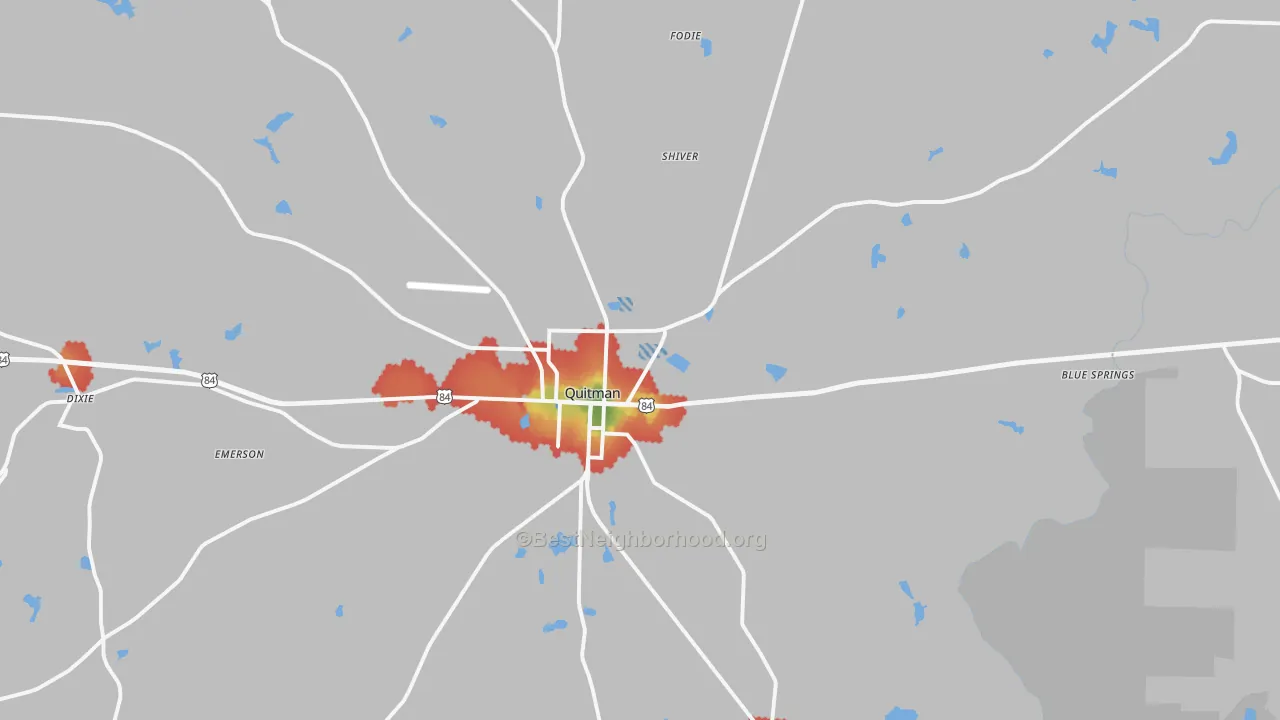 Walk Grade map of 31643, GA, walkable areas in green and car-dependent areas in red