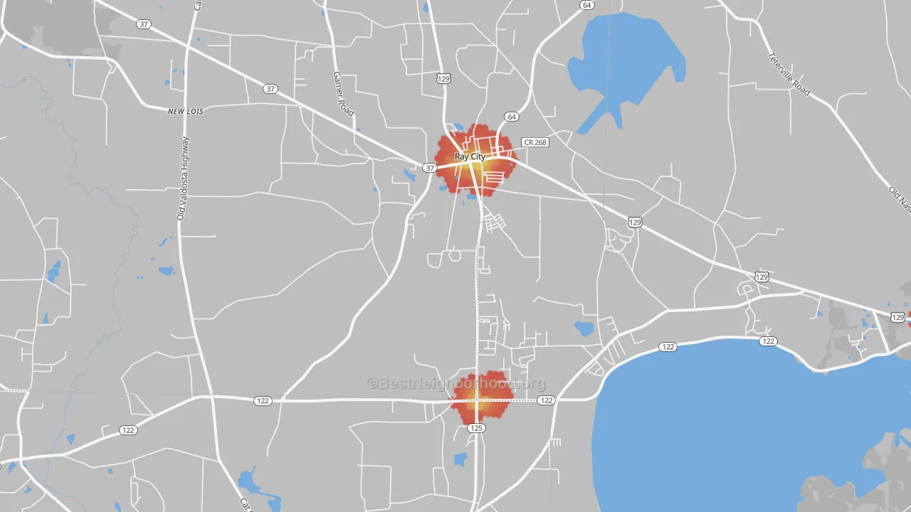 Walk Grade map of 31645, GA, walkable areas in green and car-dependent areas in red