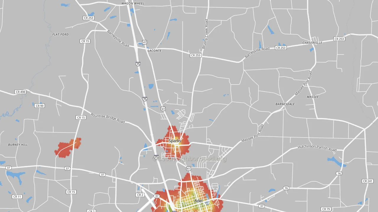 Walk Grade map of 31647, GA, walkable areas in green and car-dependent areas in red