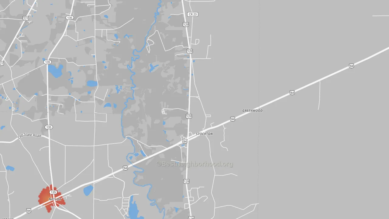 Walk Grade map of 31649, GA, walkable areas in green and car-dependent areas in red