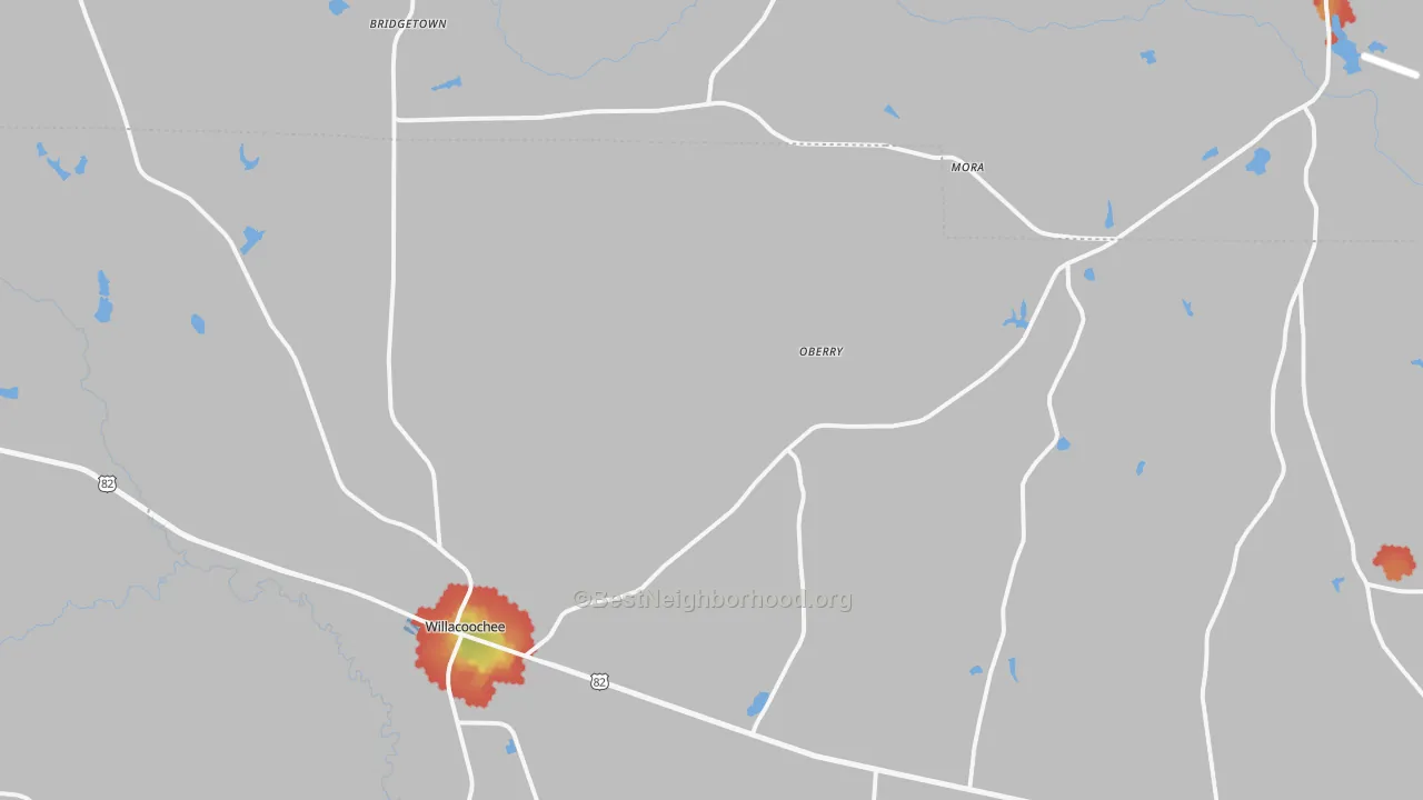 Walk Grade map of 31650, GA, walkable areas in green and car-dependent areas in red