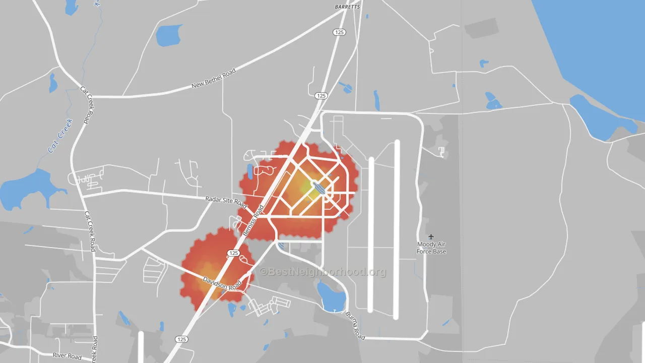 Walk Grade map of 31699, GA, walkable areas in green and car-dependent areas in red