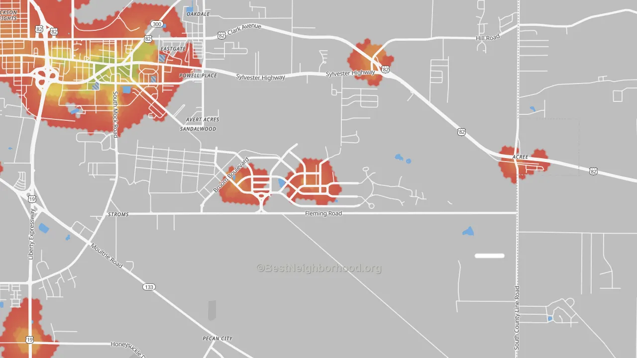 Walk Grade map of 31704, GA, walkable areas in green and car-dependent areas in red