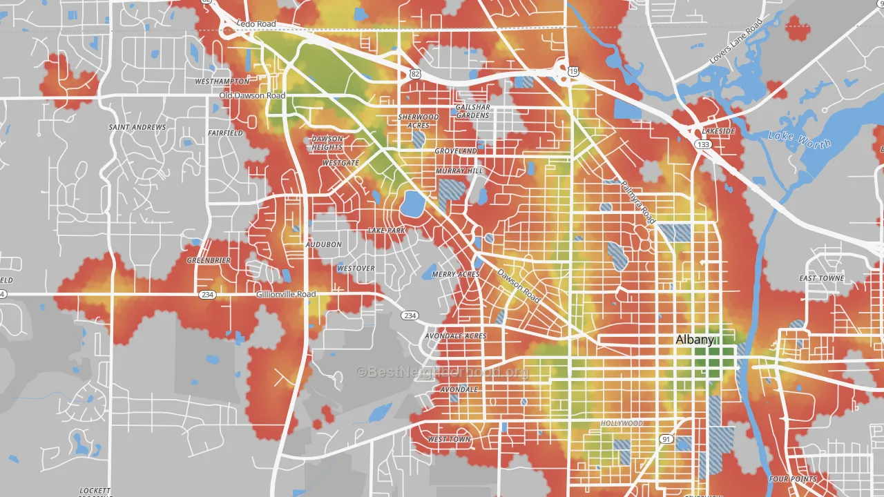 Walk Grade map of 31707, GA, walkable areas in green and car-dependent areas in red