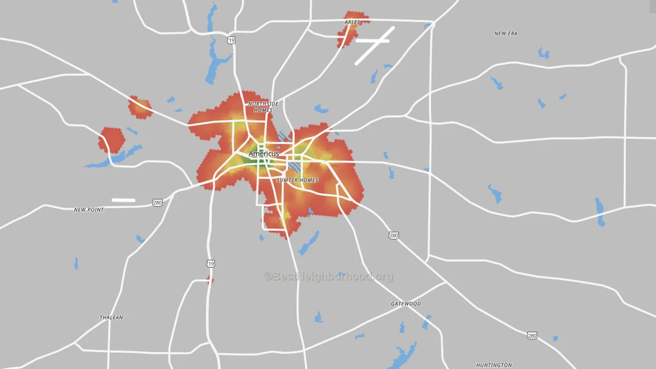 Walk Grade map of 31709, GA, walkable areas in green and car-dependent areas in red