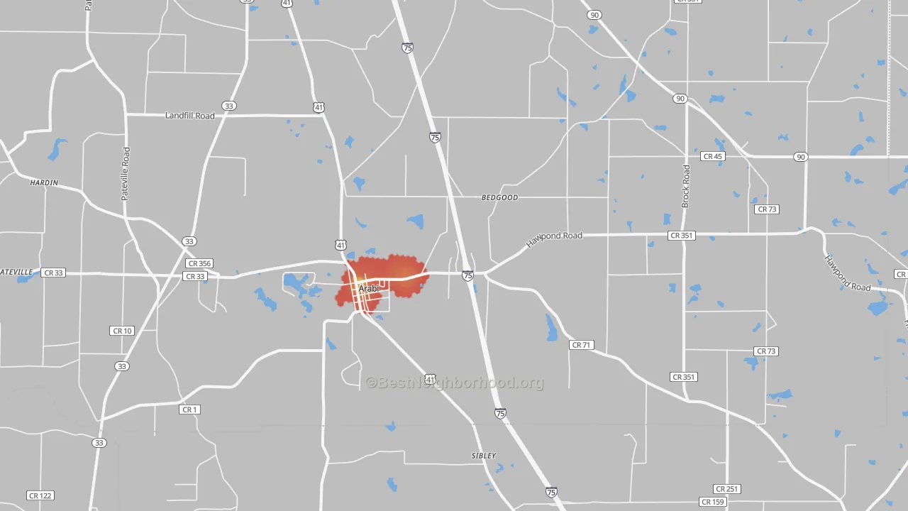 Walk Grade map of 31712, GA, walkable areas in green and car-dependent areas in red