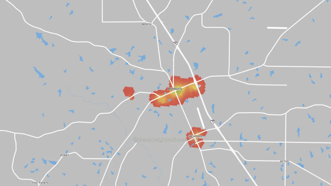 Walk Grade map of 31714, GA, walkable areas in green and car-dependent areas in red