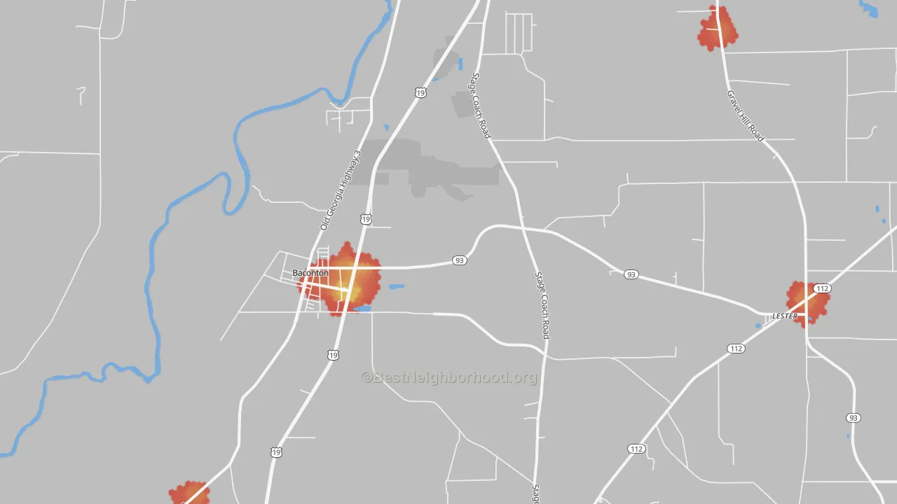 Walk Grade map of 31716, GA, walkable areas in green and car-dependent areas in red