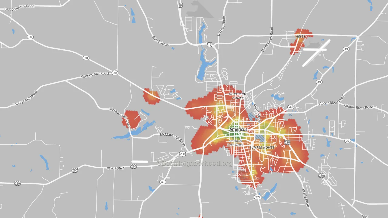 Walk Grade map of 31719, GA, walkable areas in green and car-dependent areas in red