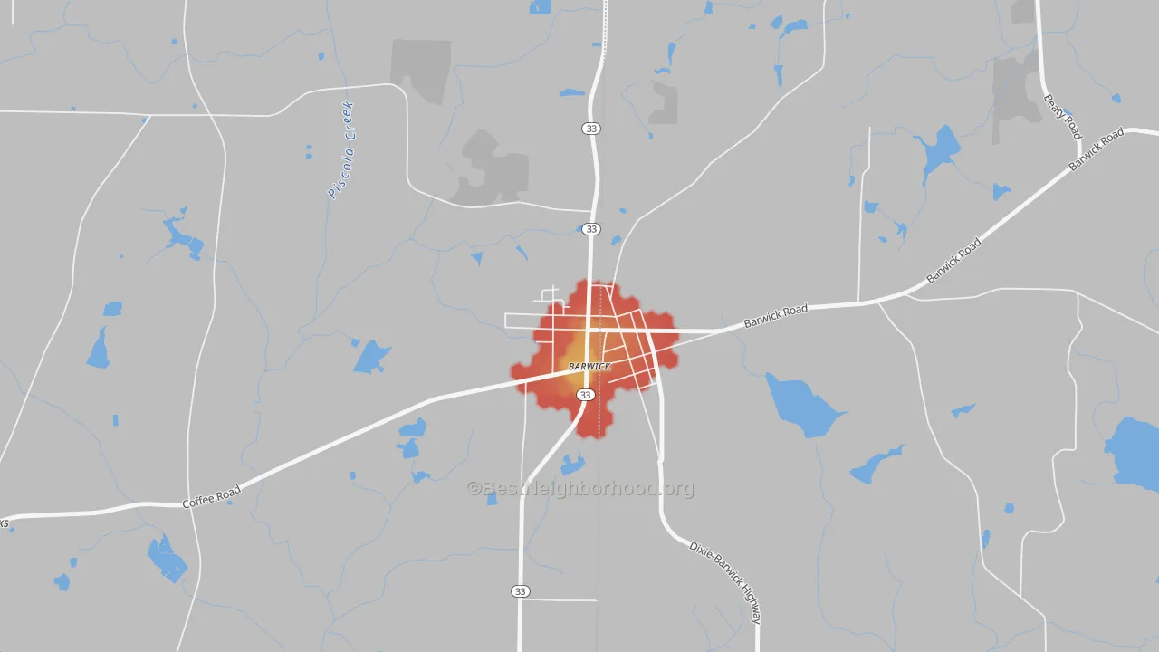 Walk Grade map of 31720, GA, walkable areas in green and car-dependent areas in red
