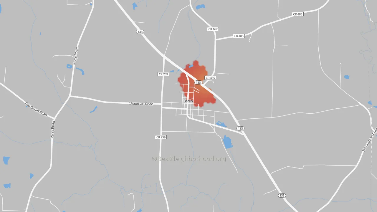 Walk Grade map of 31722, GA, walkable areas in green and car-dependent areas in red