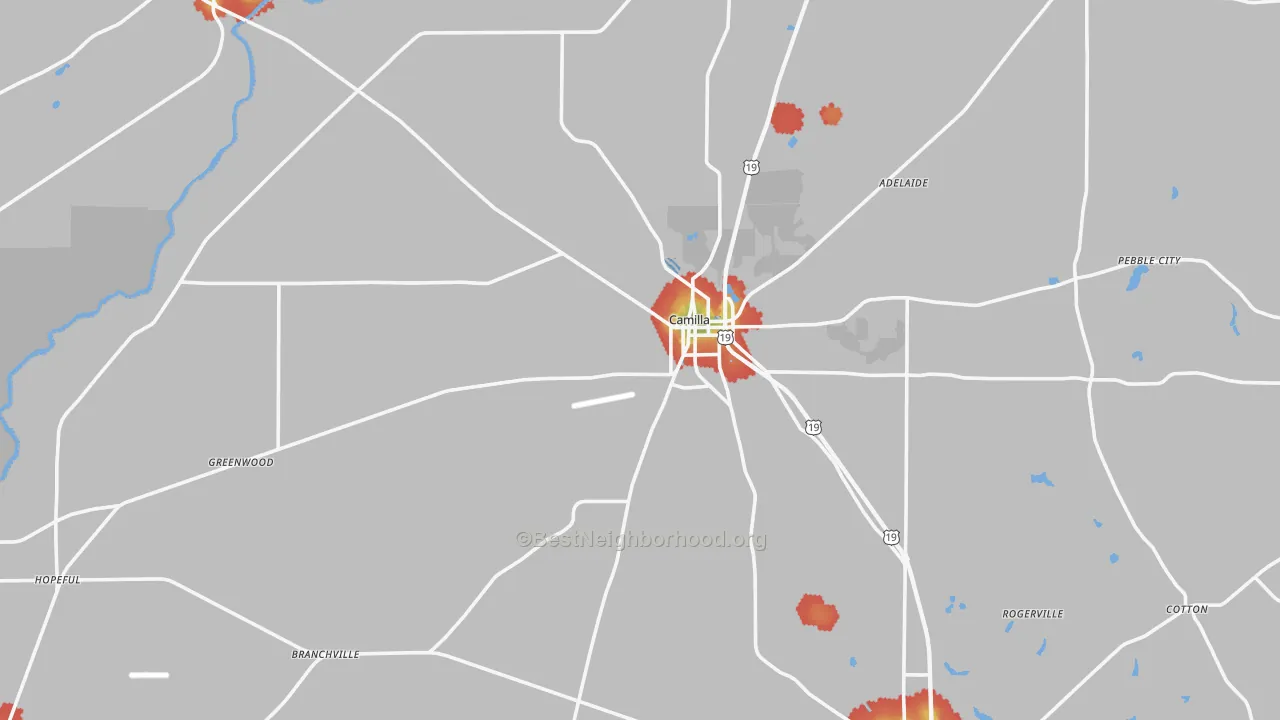 Walk Grade map of 31730, GA, walkable areas in green and car-dependent areas in red