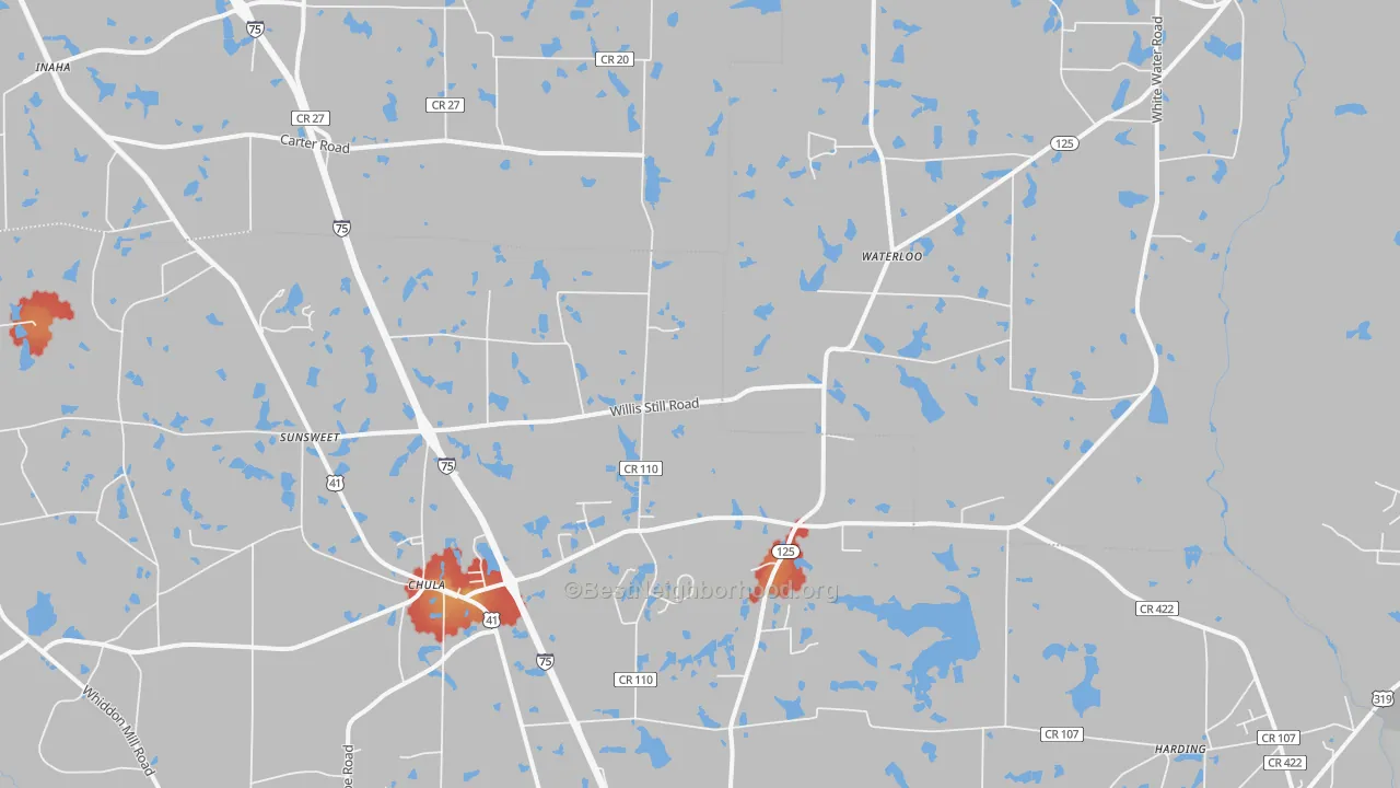 Walk Grade map of 31733, GA, walkable areas in green and car-dependent areas in red