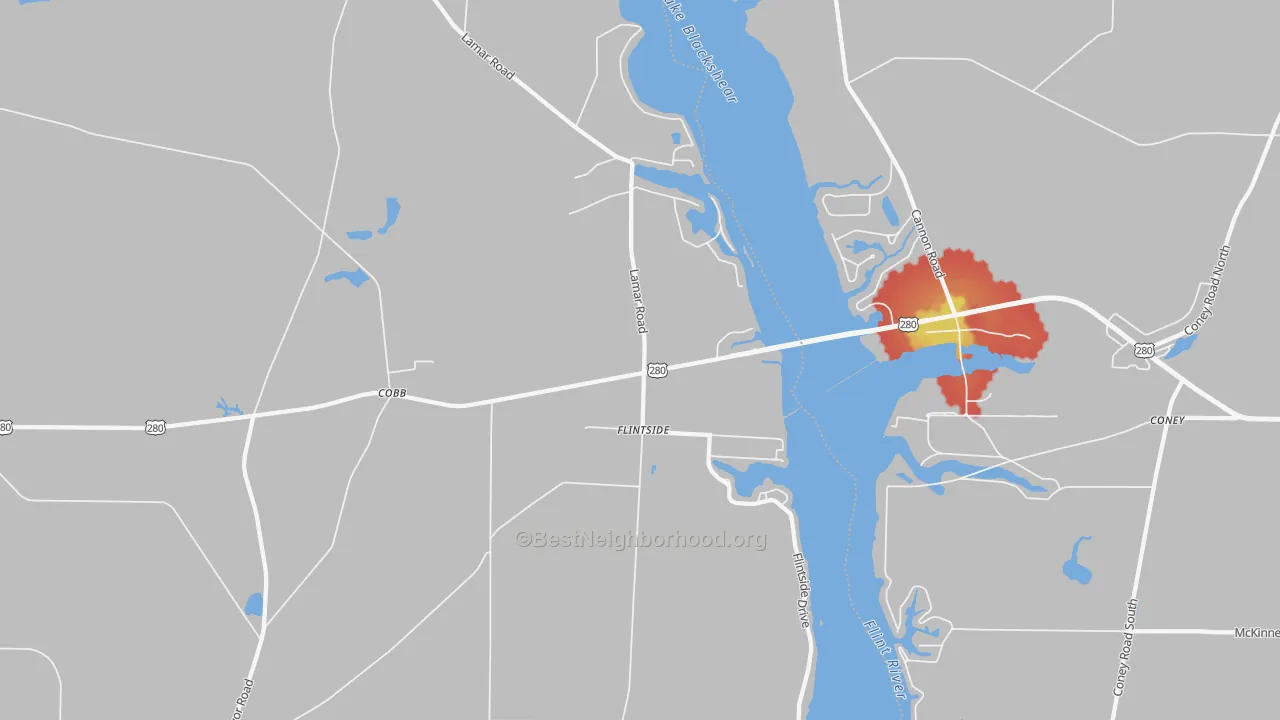 Walk Grade map of 31735, GA, walkable areas in green and car-dependent areas in red