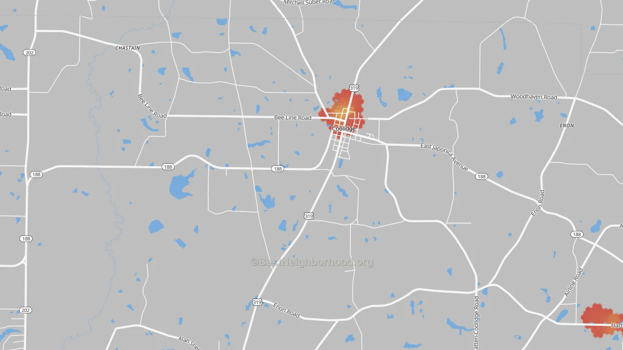 Walk Grade map of 31738, GA, walkable areas in green and car-dependent areas in red